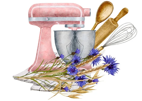 Watercolor Mixer Cooking Composition Flowers Kitchen Utensils Rolling Pin Dough — 스톡 사진