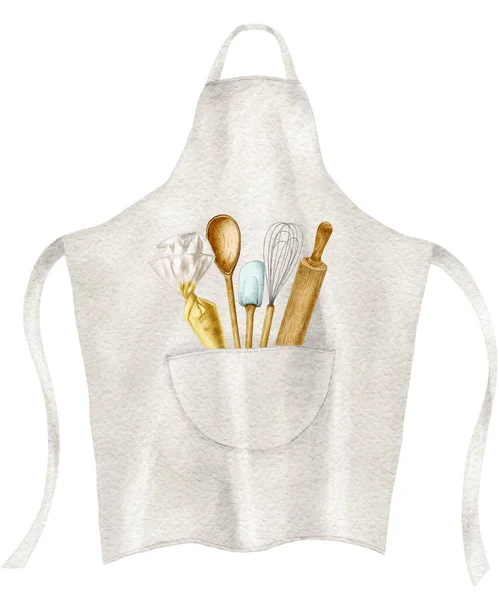 Watercolor Apron Feeder Kitchen Tools Rolling Pin Whisk Chefs Spoon — 스톡 사진