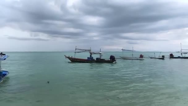 Fishing Boats Sea Pier Cloudy Cloudy Weather Gulf Thailand Part — Video