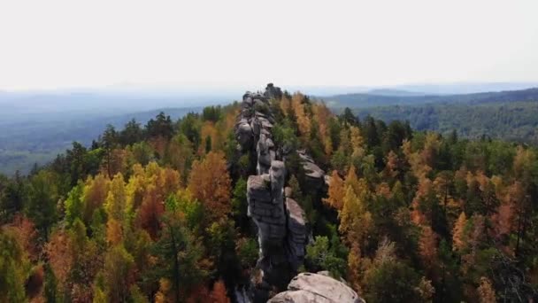 在秋天的森林里飞越岩石 无人机从上面起飞红色的黄色绿树 空中风景 优质Fullhd影片 — 图库视频影像