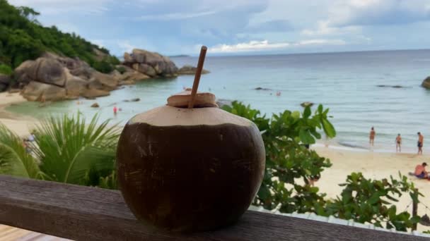 Bebida Coco Tropical Com Uma Palha Fundo Uma Praia Dourada — Vídeo de Stock