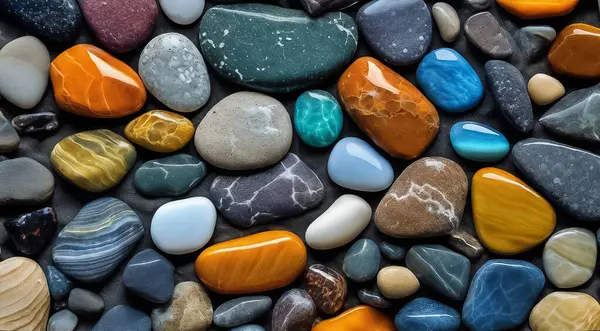 stock image beautiful beach colored stones in the beach side with waves at the night, phosphorus stones, colored beach stones background