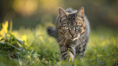 Parktaki prretty kedisine yakın, çimlerde güzel bir kedi, bir kedi portresi