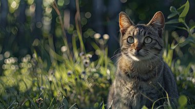 Parktaki prretty kedisine yakın, çimlerde güzel bir kedi, bir kedi portresi