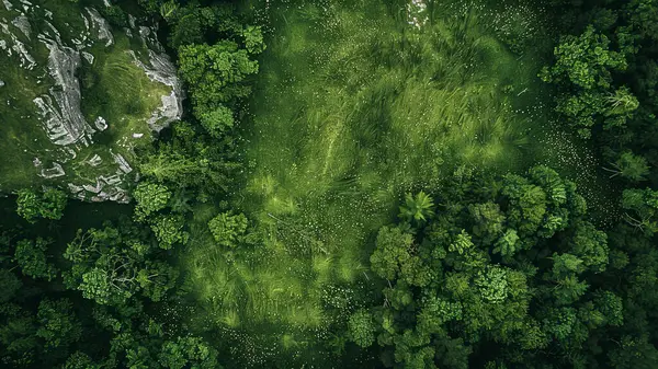 Yeşil bir manzaranın panoramik görüntüsü, yeşil bir manzaranın hava görüntüsü, ağaçlı yeşil ekoloji manzarası