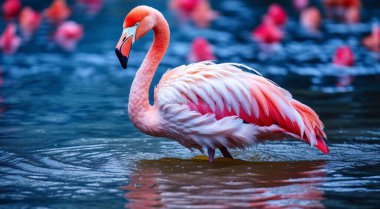 Gölde pembe flamingo, suda yüzen pembe flamingo, güzel pembe flamingo.