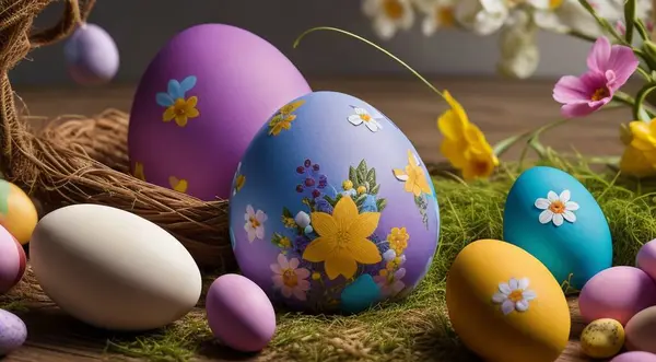 stock image easter eggs in a basket, easter eggs in a nest, easter eggs in the grass, colored easter eggs, happy easter scene