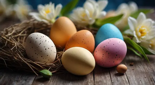 stock image easter eggs in a basket, easter eggs in a nest, easter eggs in the grass, colored easter eggs, happy easter scene