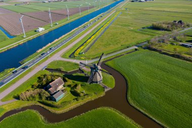 Hollanda 'daki renkli lale tarlaları, yel değirmenleri, rüzgar türbinleri, su kanalları ve tarım alanlarında insansız hava aracı görüntüsü