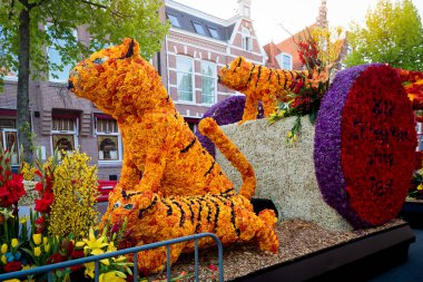 Bloemencorso Bollenstreek Çiçek Parade Keukenhof, Haarlem, Hollanda 'da çiçeklerle süslenmiş platformlar, 24 Nisan 2022.