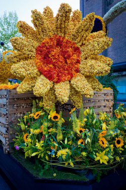 Bloemencorso Bollenstreek Çiçek Parade Keukenhof, Haarlem, Hollanda 'da çiçeklerle süslenmiş platformlar, 24 Nisan 2022.