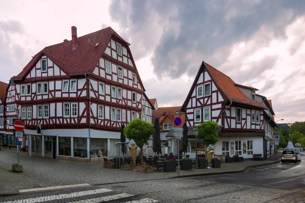 Γερμανική Παραδοσιακή Αρχιτεκτονική Fachwerk Ξύλινα Σπίτια Στο Ιστορικό Κέντρο Melsungen Εικόνα Αρχείου