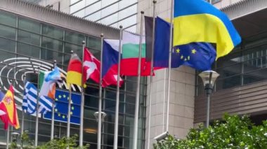 Devlet bayrakları Avrupa Birliği üye ülkeleri, Avrupa Parlamentosu, Brüksel, Belçika, Avrupa, 5 Ağustos 2023. Yüksek kalite 4k görüntü