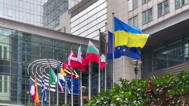 Devlet bayrakları Avrupa Birliği üye ülkeleri, Avrupa Parlamentosu, Brüksel, Belçika, Avrupa, 5 Ağustos 2023. Yüksek kalite 4k görüntü