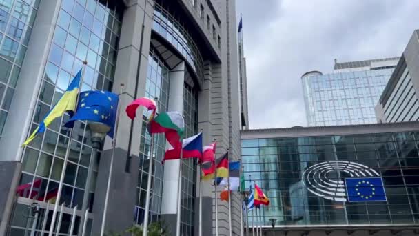 Staatliche Flaggen Europäische Union Mitgliedsstaaten Hintergrund Das Europäische Parlament Brüssel — Stockvideo