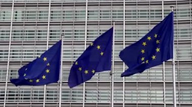 Avrupa Birliği bayrakları. Berlaymont, Avrupa Komisyonu, Brüksel, Belçika, Avrupa 'nın merkez binası, 5 Ağustos 2023. Yüksek kalite 4k görüntü