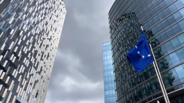 Bandeiras União Europeia Oscilam Vento Contra Fundo Fachada Edifícios Vidro — Vídeo de Stock