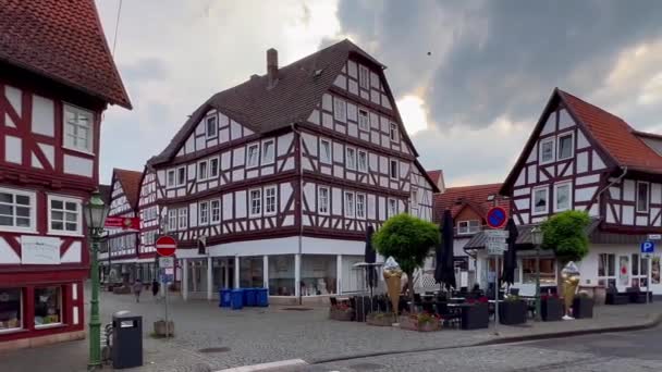 German Traditional Architecture Fachwerk Wooden Houses Historical Center Melsungen Hesse — Stock Video