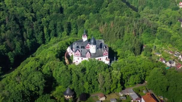 Luftaufnahme Der Mittelalterlichen Festung Rochsburg Ufer Des Flusses Inmitten Der — Stockvideo