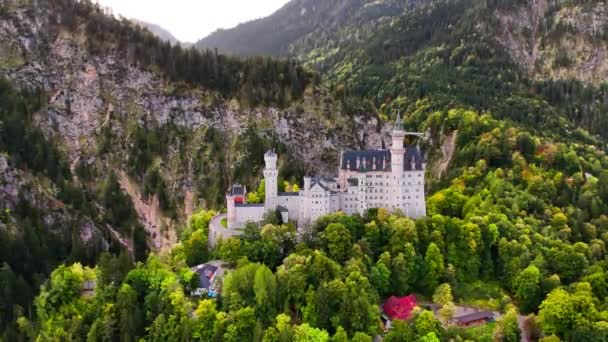 Aerial Drone View Κάστρο Neuschwanstein Στις Άλπεις Φόντο Στην Περιοχή — Αρχείο Βίντεο