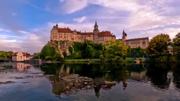 Sunset Time Lapse Medieval Sigmaringen Castle Mountain Danube River Baden — Vídeos de Stock