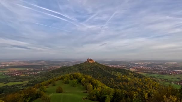 Caduta Dell Alba Del Castello Medievale Hohenzollern Sulla Montagna Baden — Video Stock