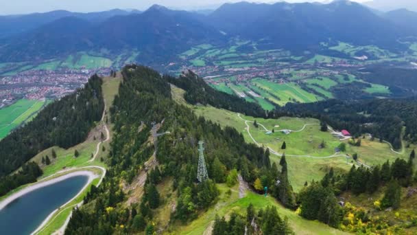 Aerial Drone View Turquoise Lake Mountains Bavarian Alps Ski Resort — Stock Video