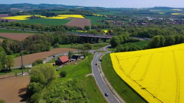 ドイツの田舎の黄色い強姦された畑の空中ドローンビュー 高品質の4K映像 — ストック動画