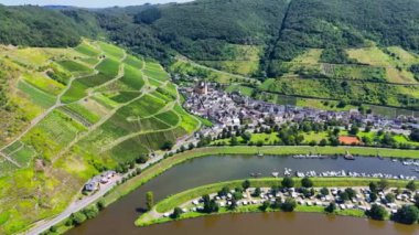 Üzüm bağı teraslarının hava aracı görüntüsü. Mosel Vadisi şarap bölgesi Almanya. Yüksek kalite 4k görüntü