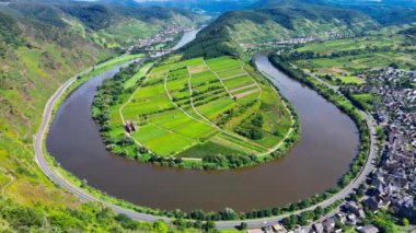 Üzüm bağı teraslarının hava aracı görüntüsü. Mosel Vadisi şarap bölgesi Almanya. Yüksek kalite 4k görüntü