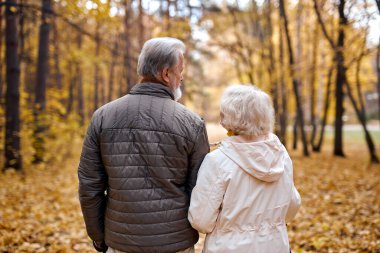 Rear view on aged man and adult woman enjoying walk in autumn park. Active elderly couple, happy people walking in park, view from back. active healthy lifestyle, retired people outdoors