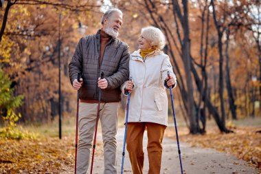 nice happy gray haired caucasian aged couple enjoying health-promoting physical activity using walking poles having happy facial expression, breathing fresh air in autumn season nature, smiling