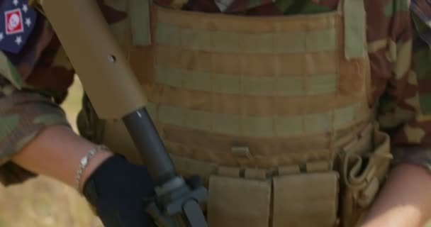 Closeup Brutal Confident Military Man Sunglasses Taking Aim Rifle Looking — Stock Video