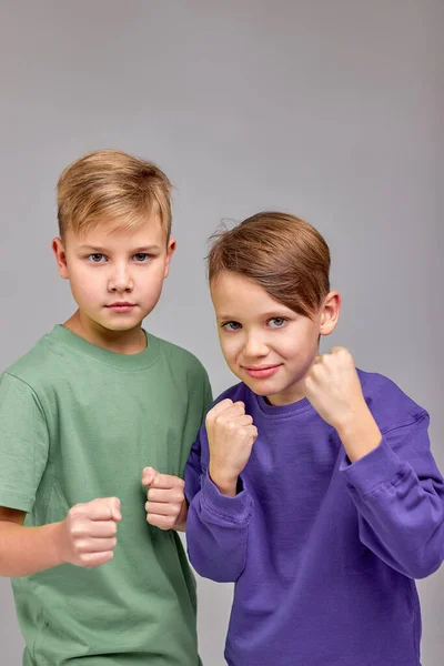 Portrait Small Little Caucasian Boys Standing Front Wall Background Wearing — Stock Photo, Image