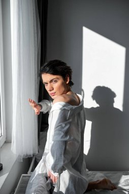 Genç, güzel esmer adam yatakta dans ediyor, portreyi kapatıyor, boş zaman, boş zaman. Tutkulu, neşeli, seksi tişörtlü kameraya poz veren