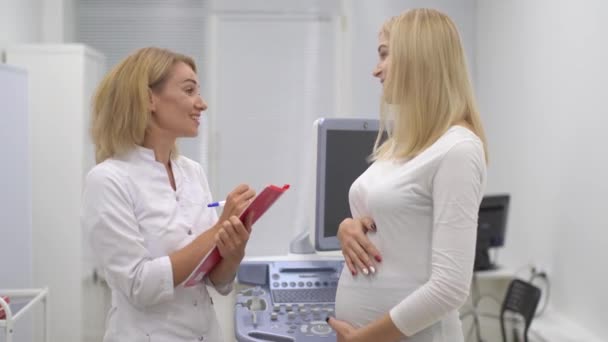 Terhes Ügyfél Fogja Gyomrát Beszél Nővérrel Ülés Konzultáció — Stock videók