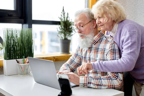 Пожилые Супруги Помощью Приложений Ноутбуке Счастливая Старшая Пара Развлекается Интернете — стоковое фото