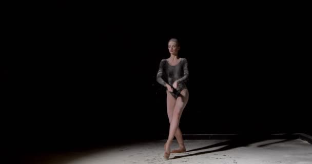 Young Beautiful Caucasian Woman Theater Dancer Black Bodysuit Beautifully Dances — Stock Video