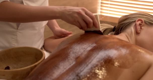 Jonge Vrouwelijke Klant Die Body Scrub Behandeling Luxe Spa Therapeut — Stockvideo