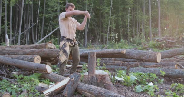 Homme Actif Apprenant Couper Des Troncs Bois Mouvement Lent Gars — Video