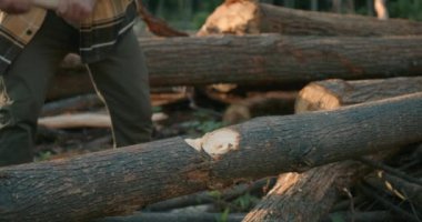 Günlük giysiler içindeki bir adam yakacak odun için kuru kütük kesiyor. Yavaş çekim yakın çekim kırpılmış portre
