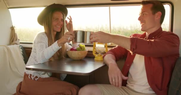 Young Happy Smiling Adult Couple Campervan Drinking Tea Coffee Holding — Stock Video