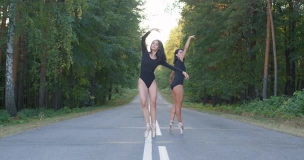 Brunette Ballerina Speciale Kleren Bewegen Sierlijk Handen Benen Het Verhogen — Stockvideo