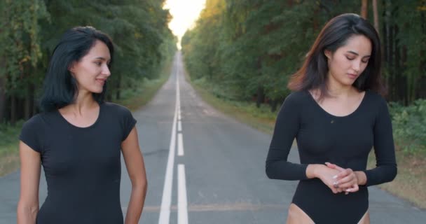 Tired Exhausted Dancers Take Break Restying Workout Outdoors Standing Road — Stock Video