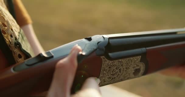 Process Loading Shotshell Hunting Double Barreled Rifle Slow Motion Preparation — Stock Video