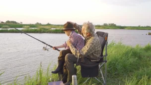 Old Bearded Garndfather Takes Care His Happy Grandson Generation Summer — Stock Video