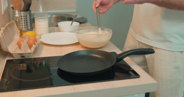 Male Hand Holding Ladle Stirs Raw Material Pancakes Close Cropped — Stock Video