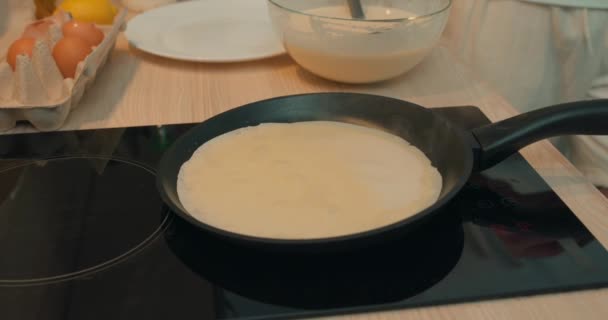 Big Pancake Being Cooked Frying Pan Cooking Smoke Goes Pancake — Stock Video