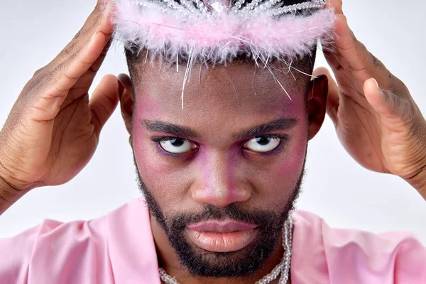 Close Feminine Man Straighten Crown Confidently Looking Camera Wearing Pink — Stock Photo, Image
