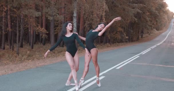 Dançarinos Elegantes Graciosos Posando Para Câmera Estrada Realizando Natureza Beleza — Vídeo de Stock